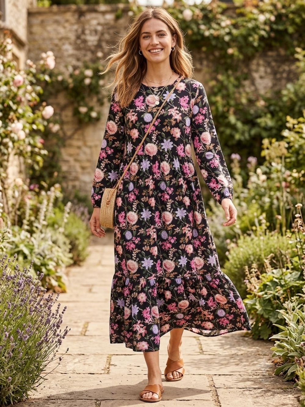 Sugar Black Floral Long-Sleeve Midi‎ Dress with Pink and Lavender Blooms